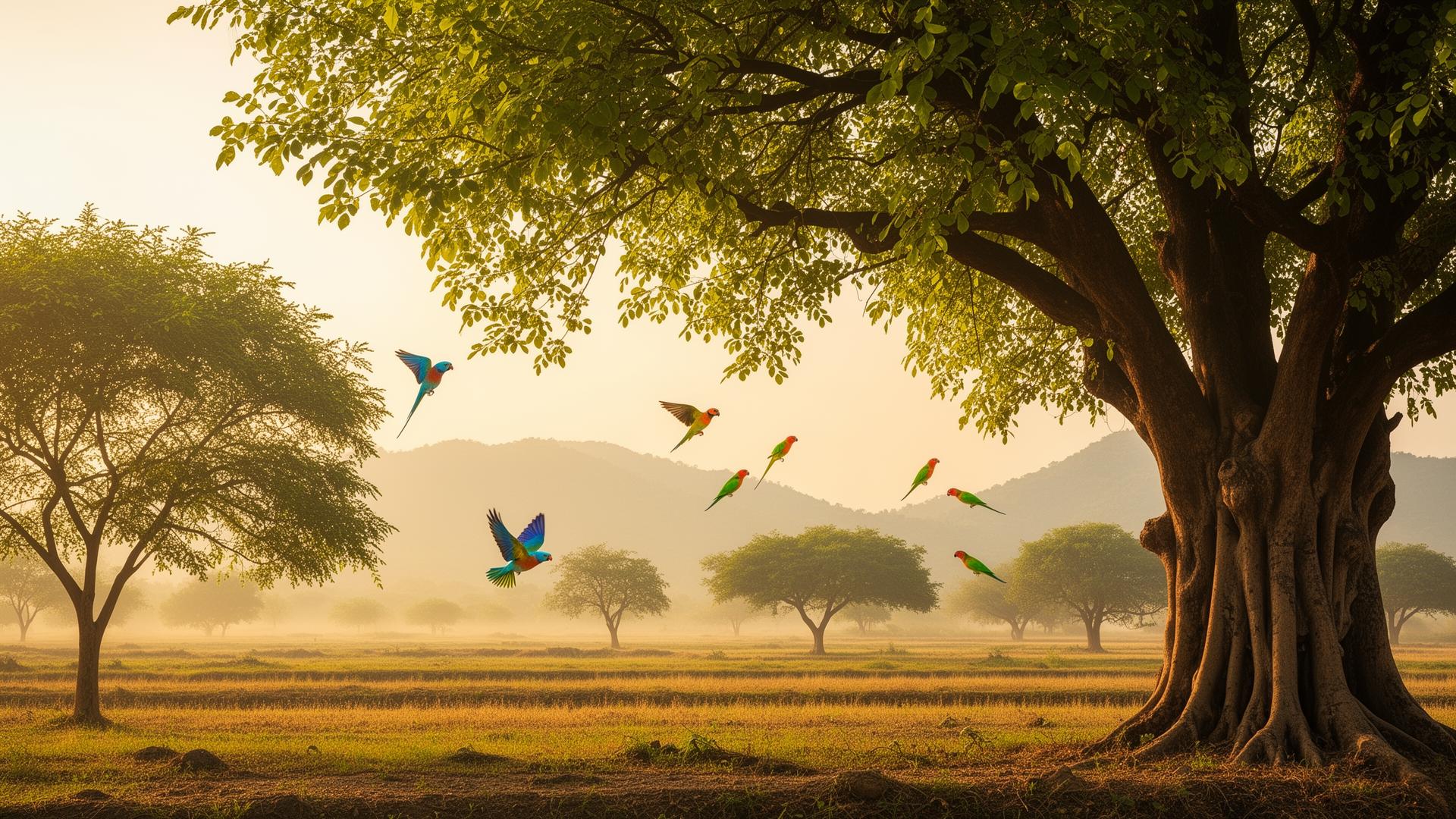 Morning light over a dryland landscape with trees and birds in flight (illustrative image)